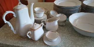 Vajilla blanca y juego cafe con perfil dorado 12 s