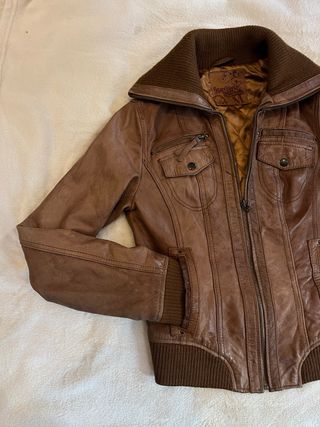 Chaqueta biker cuero marron mujer lana vintage