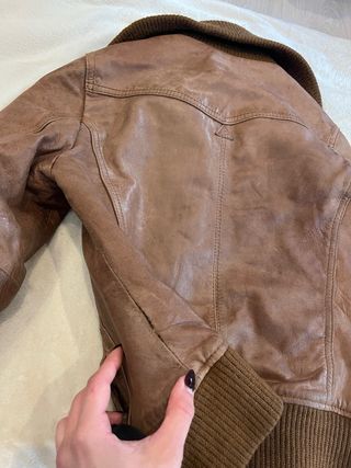 Chaqueta biker cuero marron mujer lana vintage