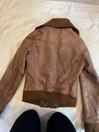 Chaqueta biker cuero marron mujer lana vintage