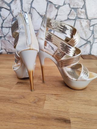 Sandalias de fiesta doradas tacon, talla 36