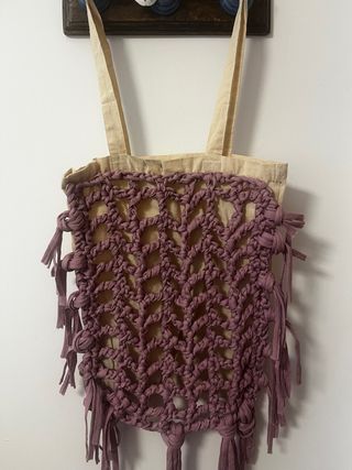 Bolso Tote Bag Crochet Beige y Morado