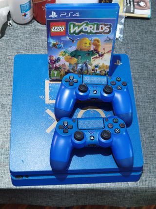 Ps4 Slim Azul + 2 Mandos + Lego Worlds