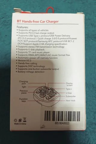 ADAPTADOR BLUETOOTH COCHE CARGA RÁPIDA PD 20W