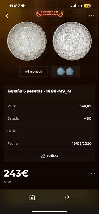 Moneda 5 Pesetas Plata 1888 Original