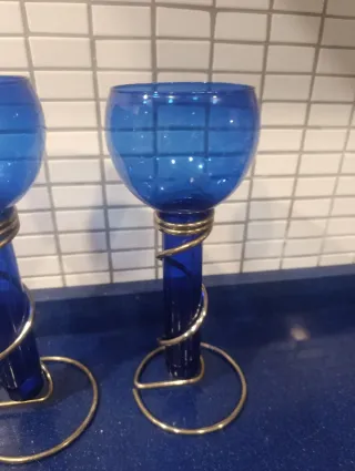 Coppia Portacandele Vetro Blu e Oro