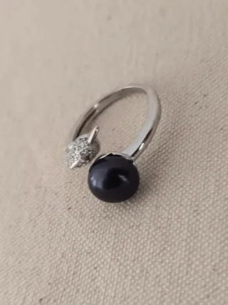 Anillo Plata Ley Perla Negra Diseño Delfín