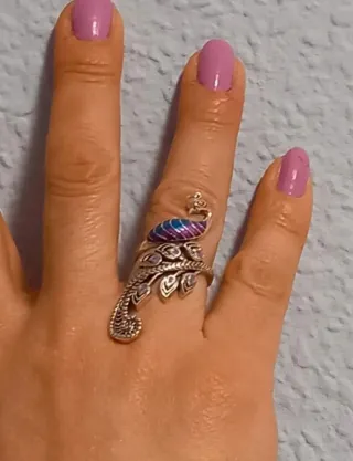 Anillo ajustable diseño pavo real plata