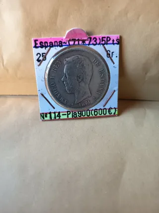 Moneda Plata España 5 Pesetas 1871