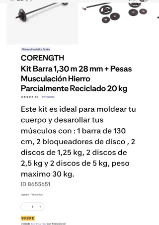 Kit Barra Decathlon 1,30m + Discos 20kg