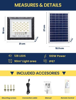 - Foco Proyector 100W 128LED con Panel Solar Fot