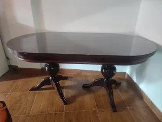 Mesa extensible madera y 6 sillas con cristal