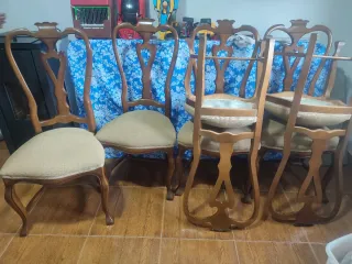 Mesa extensible madera y 6 sillas con cristal