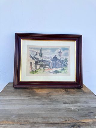 Cuadro paisaje pueblo con iglesia