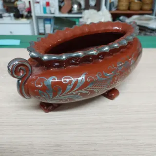 Vaso terracotto rosso decorato argento anni 50