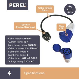 Perel Cable de Adaptador, H07RN-F 3G1.5, 0.4 m, 16