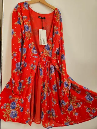 Abito Corto Zara Fiori Rosso Nuovo XS