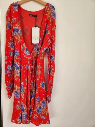 Abito Corto Zara Fiori Rosso Nuovo XS