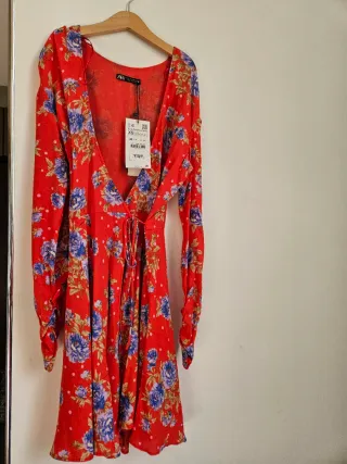 Abito Corto Zara Fiori Rosso Nuovo XS