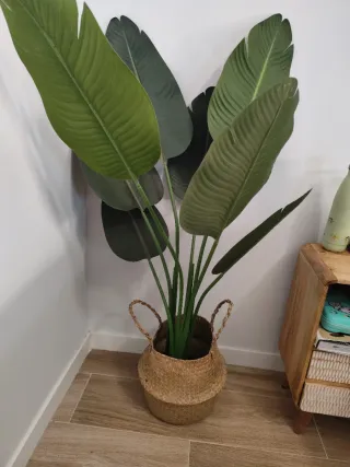 Planta artificial con macetero de mimbre
