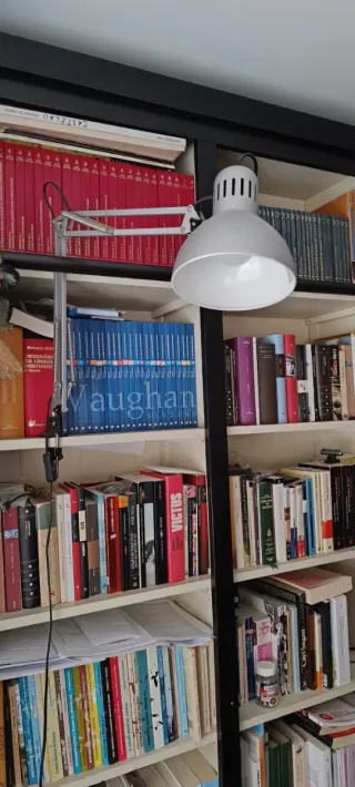 Lámpara de escritorio plateada y blanca