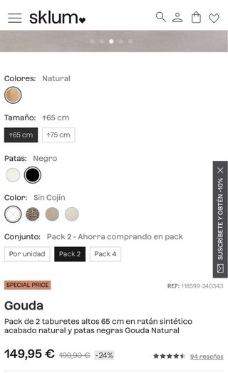 Mesa Alta + 2 Taburetes ratán Sklum