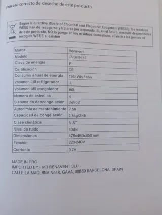 Congelador Benavent, nuevo sin usar