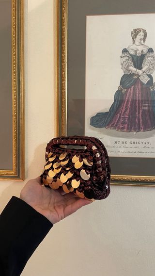 Borsa uncinetto marrone bronzo e oro paillettes