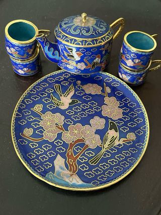 Conjunto de chá em miniatura Cloisonné Azul