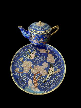 Conjunto de chá em miniatura Cloisonné Azul