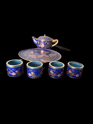 Conjunto de chá em miniatura Cloisonné Azul