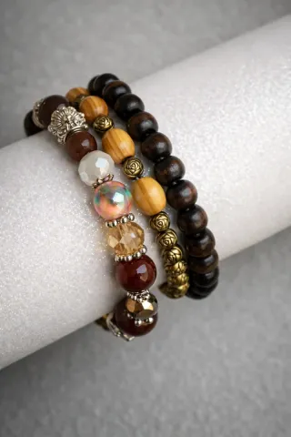 Set pulseras mujer cuentas y madera estilo boho