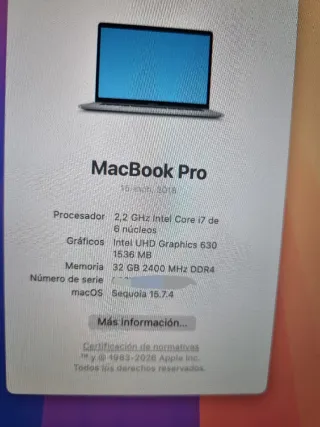 MacBook Pro A1990 Plata Intel core i7 32GB 256Gb