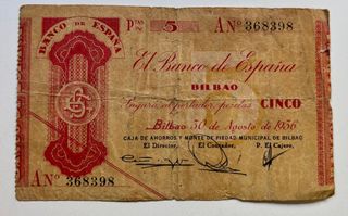 Billete BANCO BILBAO 5 Pesetas 1936 Serie A