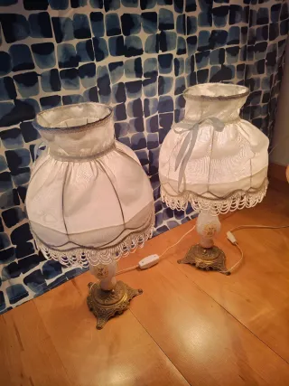 2 Lámparas Mesa Vintage Tela Metal Cristal