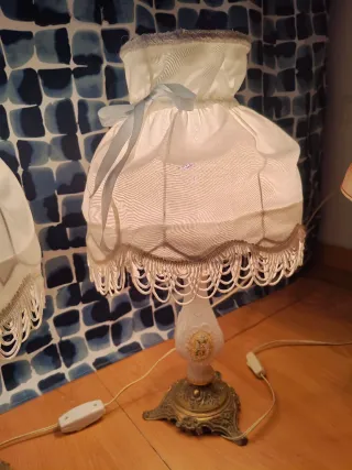 2 Lámparas Mesa Vintage Tela Metal Cristal