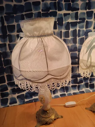 2 Lámparas Mesa Vintage Tela Metal Cristal