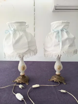 2 Lámparas Mesa Vintage Tela Metal Cristal