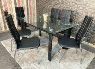 Mesa Cristal Templado + 6 Sillas Negras