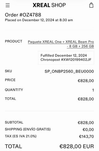 XREAL One + Beam Pro Gafas AR (Dic 2024) + Factura