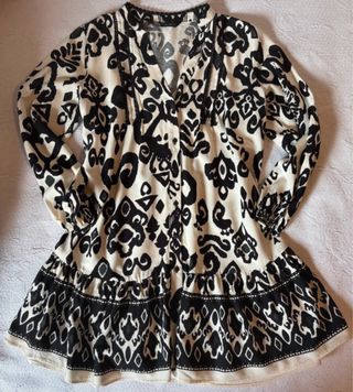Vestido Zara Boho Estampado Beige/Negro Talla Únic