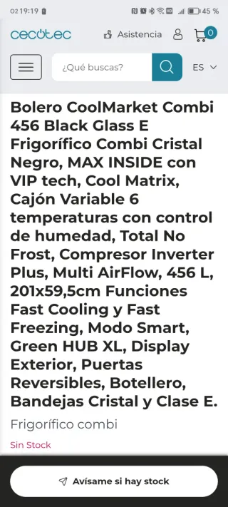 Frigorífico Cecotec Bolero Coolmarket Combi 456L