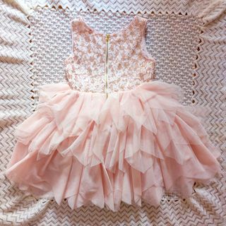 Vestido rosa de fiesta, lentejuelas doradas, niña