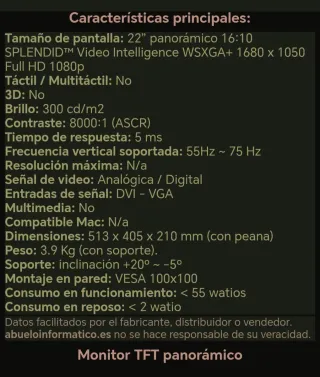 Monitor ASUS VW225N TFT Negro