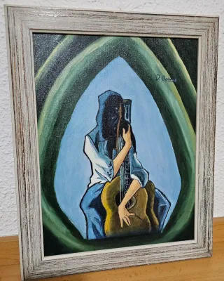 Cuadro óleo pintado a mano mujer con guitarra