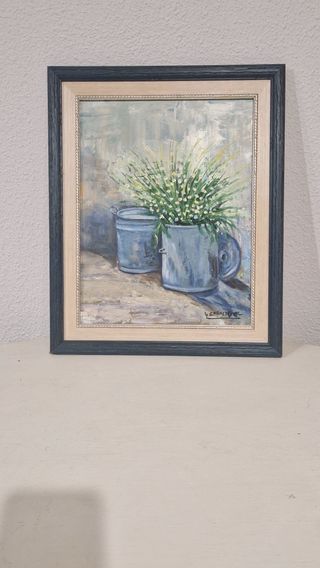 Cuadro Óleo Flores en Cubo Enmarcado