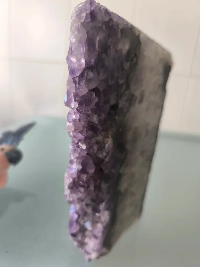Figura Loro cuarzo rosa sobre geoda amatista