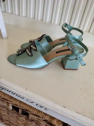 Sandalias Stradivarius Mint Satén Tacón Ancho