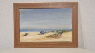 Cuadro óleo playa barcos lienzo madera