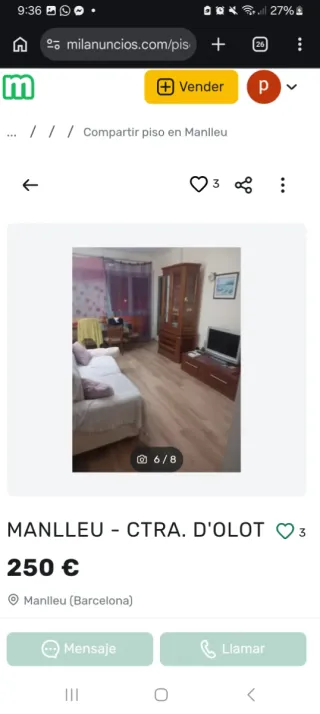 HABITACION 250 €/MES ,EN MANLLEU. 676886259 wasap